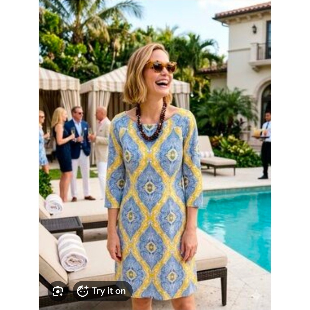 J.McLaughlin Dress XS Medallion Paisley‎ 3/4 Sleeve Stretchy Knee Length